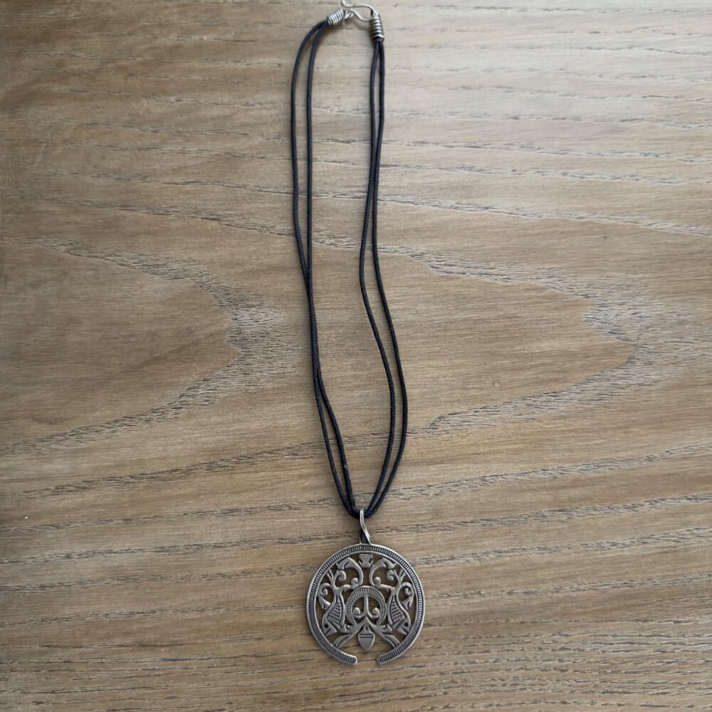 Vintage Pewter Carved Disc Pendant Necklace With Black Cord & Hook Clasp